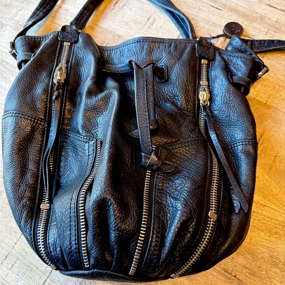 The Sak Strappy Black Leather Zipper Satchel Bucket Bag Y2K Kedzie - Picture 5 of 16